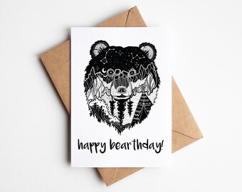 Birthday Card: Hand Drawn Bear Head - Blank Inside, 5x7
