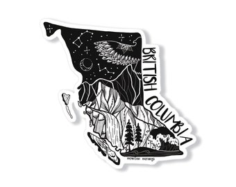 British Columbia Sticker, Black and White Sticker, Illustrated Sticker, Glossy Vinyl Sticker, Nature Sticker, Waterproof Sticker, PNW