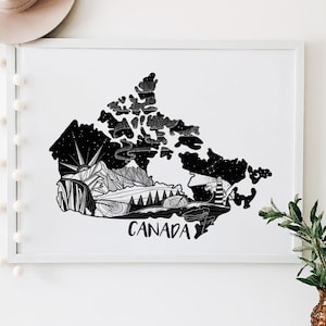 May include: Black and white illustration of Canada with various landmarks and natural features, including mountains, forests, a lighthouse, and a starry sky. The word "CANADA" is written below the map.