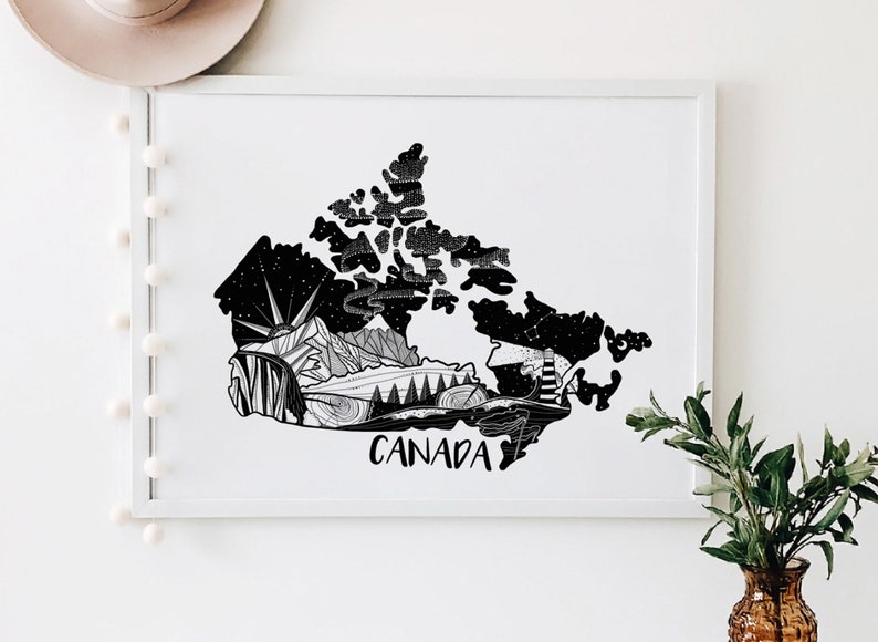 May include: Black and white illustration of Canada with various landmarks and natural features, including mountains, forests, a lighthouse, and a starry sky. The word "CANADA" is written below the map.