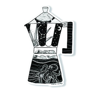 May include: Black and white sticker depicting a coffee maker with nautical and celestial illustrations. The design includes an octopus, waves, constellations, and a compass. The handle and top are also black and white.