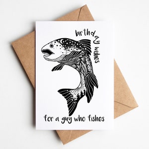 Tarjeta de pesca, tarjeta de felicitación de cumpleaños, cumpleaños de pesca, regalo de pescador, tarjeta de cumpleaños divertida para el marido, interior en blanco, tarjeta 5x7, arte PNW