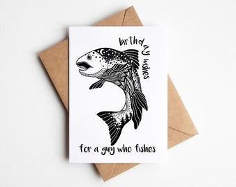 Fishing Birthday Card, Rustic Fisherman Art (Blank Inside, 5x7)