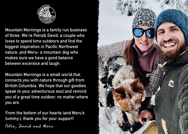 May include: A smiling couple and a dog pose in a snowy outdoor setting. The image includes the text "Mountain Mornings" and a description of the business and its values. The people are wearing winter hats and jackets.