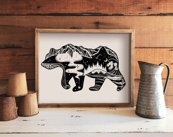 Roaming Bear Print, Illustrated Print, Black and White Wall Art, Print For Frame, Outdoor Poster, Home Decor, Canadian Artwork, PNW Wall Art
