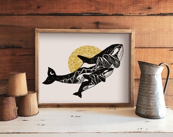 Orca Wall Art: Black and White Illustration - Recycled Paper