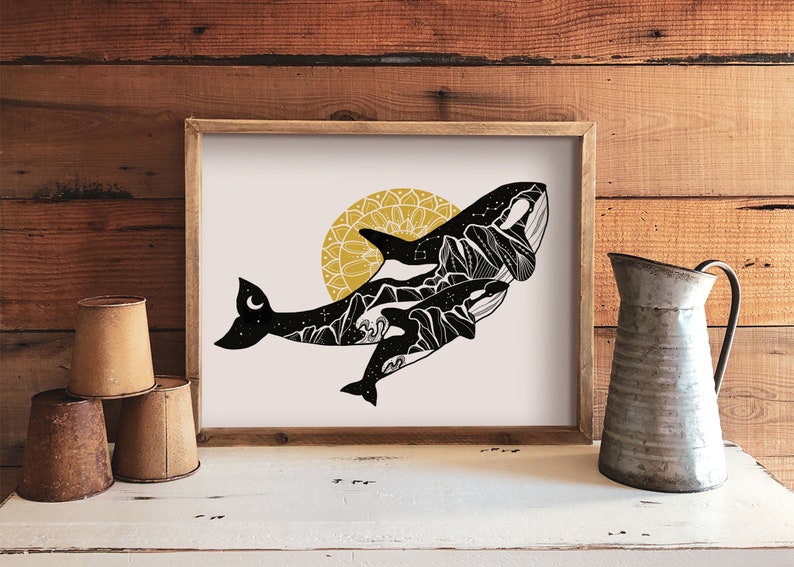 Orca Print, Illustrated Print, Black and White Wall Art, Print For Frame, Outdoor Poster, Home Decor Prints, Canadian Artwork, PNW Art image 1