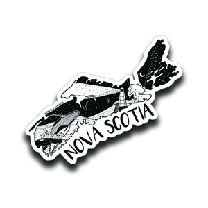 May include: Black and white sticker of the outline of Nova Scotia with a whale jumping out of the water, a lighthouse, and stars in the sky. The text "NOVA SCOTIA" is written in a handwritten font.