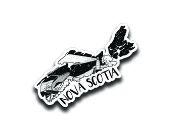 May include: Black and white sticker of the outline of Nova Scotia with a whale jumping out of the water, a lighthouse, and stars in the sky. The text "NOVA SCOTIA" is written in a handwritten font.