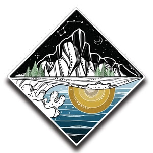 Berg- en oceaansticker, zwart-witte stickers, geïllustreerde sticker, glanzende vinylsticker, natuursticker, laptopsticker, PNW-sticker