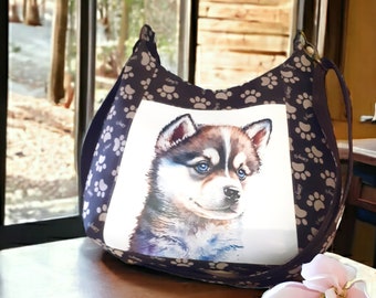 Unique piece, handbag hobo bag, outdoor fabric with husky, 100% handmade