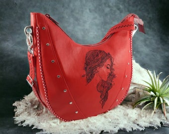 Unique piece, handbag, red, embroidered artificial leather, 100% handmade