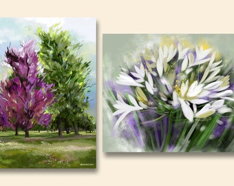 Set of 2- Canvas wall art of flowers and green trees nature wall art as a housewarming gift, landscape wall art with white floral wall decor