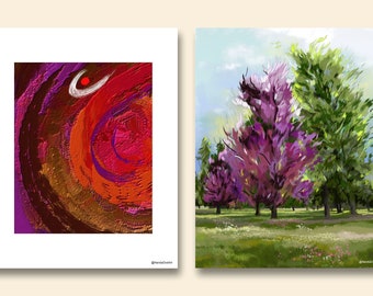 Set of 2- Abstract wall art of Ganesha and landscape wall art of trees as a housewarming gift, red Ganesha wall art and pink nature wall art