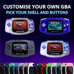 May include: Image of customizable Game Boy Advance consoles. The image shows four consoles with different colored shells and game screens displaying Pokémon games. Text at the top reads "CUSTOMISE YOUR OWN GBA PICK YOUR SHELL AND BUTTONS."