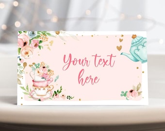 Editable Tea Party Food Label Tea Place Card Tent Card Insert Par-Tea Tea for Two Decor Girl Floral Pink Digital Template Printable 0349