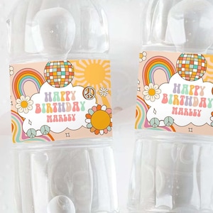 Editable Retro Groovy Water Bottle Label Boy Boho Hippie 70&#39;s Party Flower Power Peace Love Girl Download Template Corjl Printable 0459