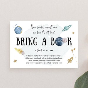 Modificabile Spazio Porta un libro Scheda Baby Shower Spazio Astronauta Galassia Acquerello Bambino Ragazzo Razzo Libro Inserto Corjl Modello 0357