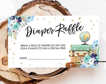 Editable Travel Diaper Raffle Ticket Baby Shower Diaper Game Journey Adventure Suitcases Globe Floral Blue Corjl Template Printable 0030