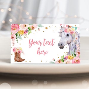 Bearbeitbares Pferd Geburtstag Essen Zeltkarten Pferdeetiketten Cowgirl Party Tischkarten Mädchen Rosa Blumen Pony Aufsatteln Druckbare Vorlage Corjl 0408