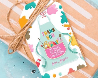 Editable Art Party Favor Tags Painting Party Thank You Tag Gift Tag Art Birthday Girl Pink Craft Paint Brush Corjl Template Printable 0319