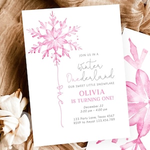 Editable Winter ONEderland Birthday Invitation First Birthday 1st Girl Pink Snowflake Watercolor Christmas Digital Template Printable 0494