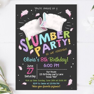 Editable Slumber Party Birthday Invitation Sleepover Pajamas Pillow Fight Chalk Pink Girl Digital Download Evite Template Printable 0067