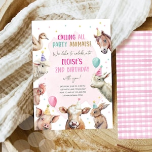 Editable Farm Animals Birthday Invitation Girl Farm Barnyard First Birthday Party Animals Confetti Download Corjl Template Printable 0448