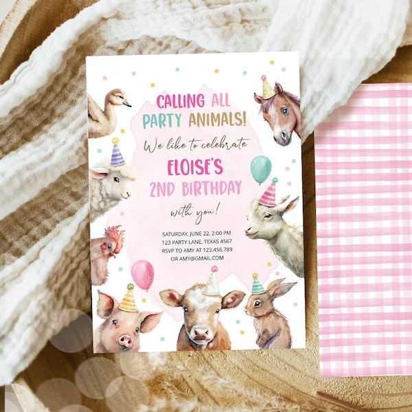 Editable Farm Animals Birthday Invitation Girl Farm Barnyard First Birthday Party Animals Confetti Download Corjl Template Printable 0448