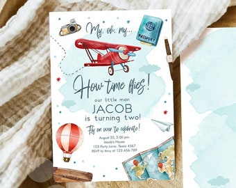 Editable Airplane Birthday Invitation Oh My Time Flies Red Airplane Invitation Travel 1st Instant Download Printable Corjl Template 0468