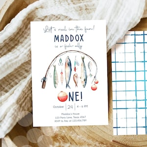 Editable Fishing Birthday Invitation Fishing Party O-Fish-Ally The Big One Gone Fishing Blue Boy Download Printable Template Corjl 0454