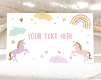 Editable Unicorn Food Labels Magical Rainbow Pink Pastel Girl Birthday Place Card Tent Insert Digital Download Template Printable 0426