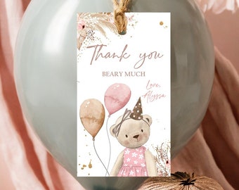 Bearbeitbare Boho Teddybär Favor Tags Danke Beary viel Tag Teddybär Geburtstag Tag Picknick Pink Girl Pampas Vorlage Corjl PRINTABLE 0421