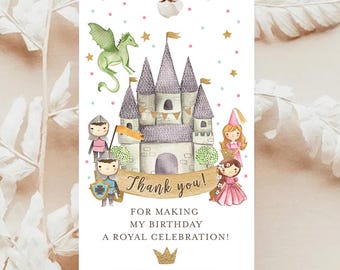 Editable Princess and Knight Favor Tag Gift Thank You Dragon Castle Birthday Royal Party Costume Magical Digital Template Printable 0171