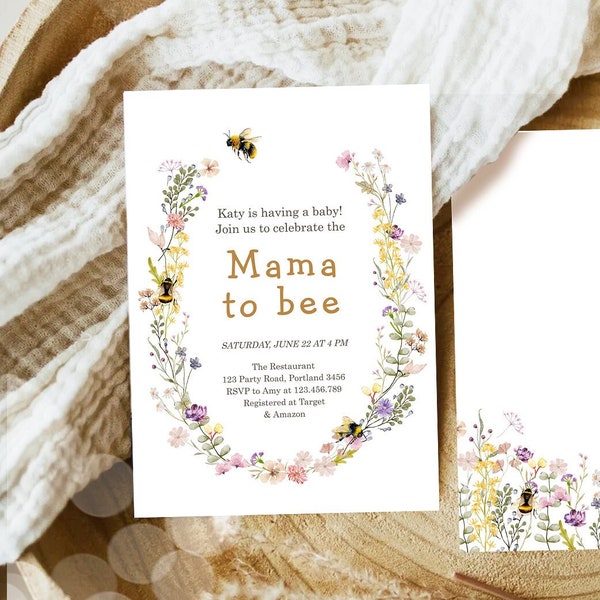 Editable Mama to Bee Invitation Wildflower Baby Shower Bee Honey Boho Mommy to Bee Summer Instant Download Template Digital Corjl 0502