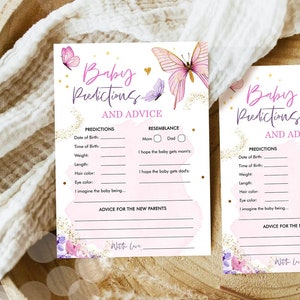 Editable Baby Predictions Advice Baby Shower Game Butterfly Baby Shower Floral Butterflies Lilac Pink Activity Corjl Template Printable 0437
