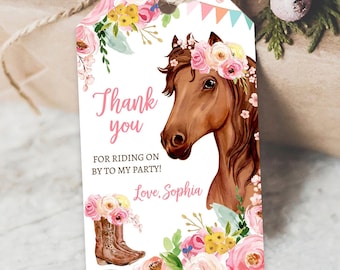 Editable Cowgirl Favor Tag Horse Birthday Party Favor Thank you Tags Girl Horse Party Floral Digital Download Template Printable 0408