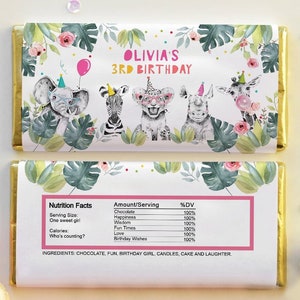 Editable Candy Bar Wrapper Party Animals Birthday Chocolate Bar Wrapper Safari Birthday Favors Jungle Girl Digital Template Printable 0322