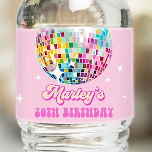 Editable Disco Water Bottle Labels Let&#39;s Disco Ball Retro Groovy Adult 70s Party Decor Birthday Pink Digital Template Printable 0501