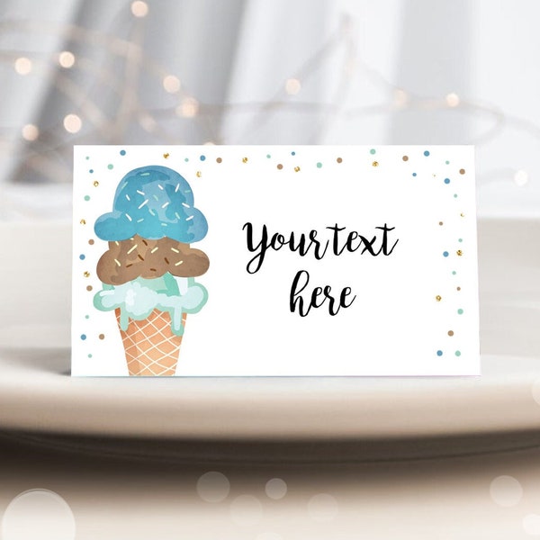 Editable Ice Cream Food Labels Ice Cream Birthday Food Cards Tent Card Boy Blue Brown Gold Scoop Buffet Label Tent Card Template Corjl 0243