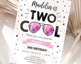 Editable Two Cool Birthday Invitation Girl Second Birthday Party 2nd I'm this Many I'm Two Cool Sunglasses Evite Template Printable 0136