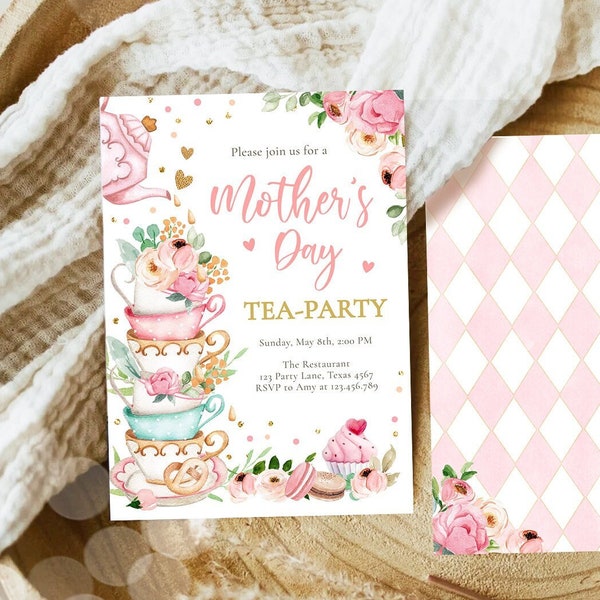 Editable Mothers Day Tea Party Invitation Tea Party Mother's Day Brunch Invite Mommy and Me Pink Floral Gold Corjl Template Printable 0349