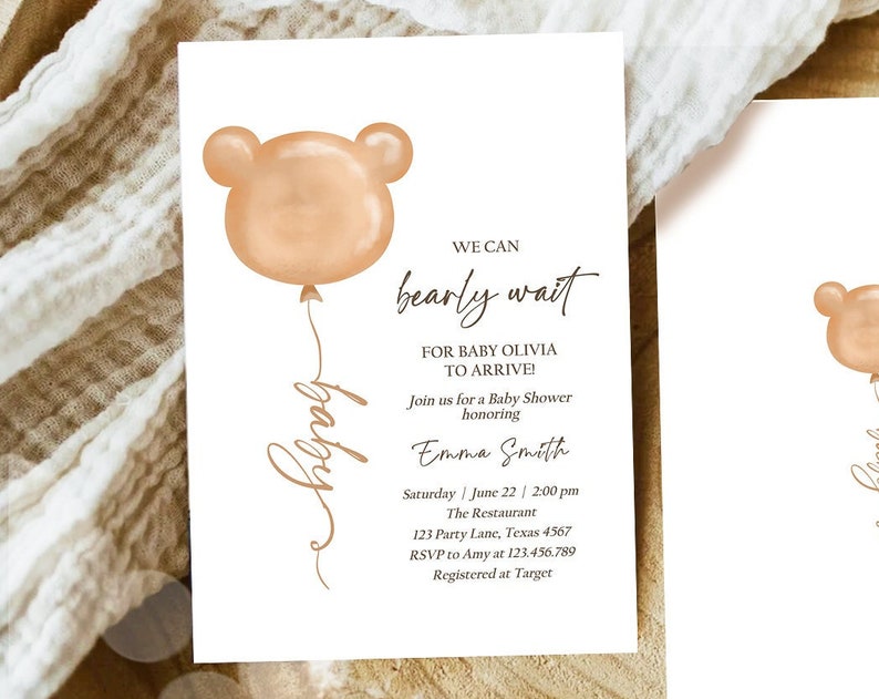 Editable We Can Bearly Wait Baby Shower Invitation Teddy Bear Gender Neutral Brown Boho Printable Template Instant Download
