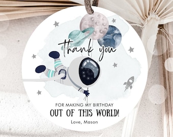 Editable Outer Space Favor Tags Astronaut Birthday Thank You Sticker Blue Boy Gift Trip Out Of World Planets Template Corjl PRINTABLE 0366
