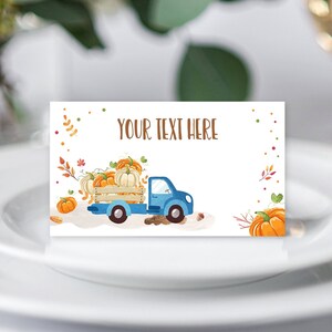 Editable Pumpkin Food Labels Pumpkin Truck Birthday Place Card Fall Harvest Autumn Tent Card Shower Blue Boy Corjl Printable Template 0153