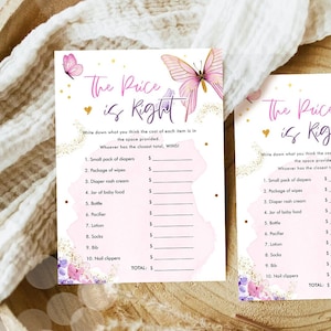 Editable The Price is Right Baby Shower Game Butterfly Baby Books Floral Butterflies Pink Purple Activity Corjl Template Printable 0437