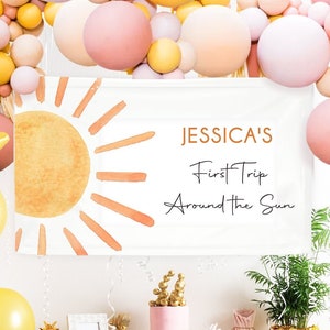 Editable Sun Backdrop Banner Boho Sun Birthday First Trip Around the Sun Birthday Little Sunshine Digital Download Template Printable 0431