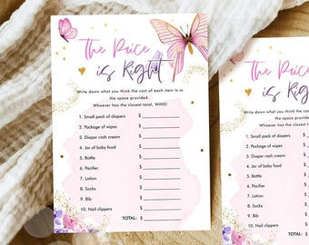 Editable The Price is Right Baby Shower Game Butterfly Baby Books Floral Butterflies Pink Purple Activity Corjl Template Printable 0437