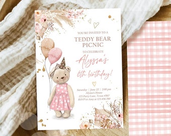 Editable Teddy Bear Picnic Birthday Invitation Girl Pink Boho Bear Picnic Summer Outdoor Party Printable Digital Corjl Template 0421