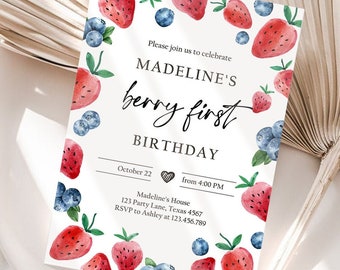 Editable Berry Sweet Birthday Invitation Blueberry Strawberry Picking Party Farmers Market Twin Digital Download Template Printable 0399